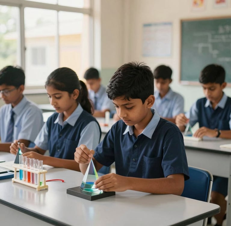 Bright interior of a modern school science laboratory, Indian students in clean navy uniforms conducting a physics experiment with prisms under soft natural window light, shallow depth of field