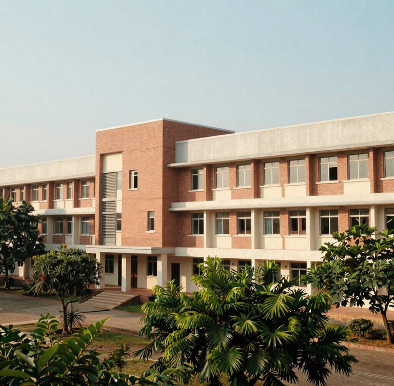 Wide environmental shot of the modern brick and concrete architecture of Golden Jubilee School campus in Jalna, bright daylight, green trees, 35mm