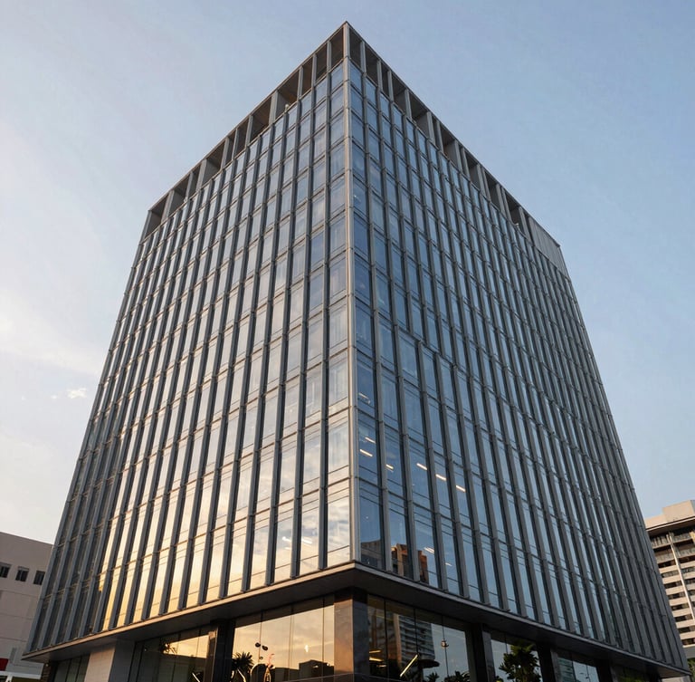 An architectural low-angle exterior shot of a modern, minimalist glass and steel commercial headquarters building in Singapore during golden hour, sharp reflections, clean geometric lines