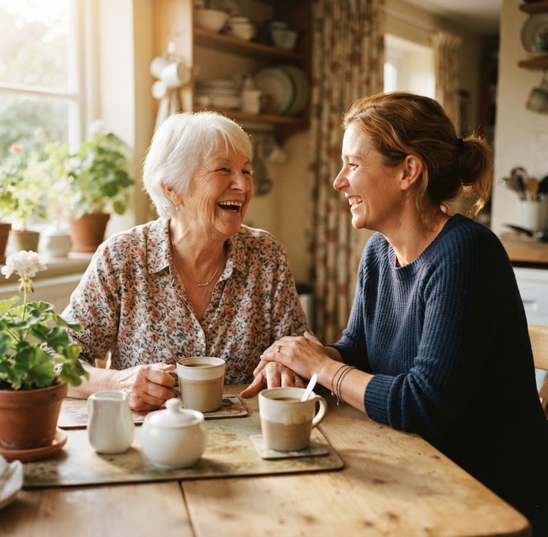 Warm, natural photo of a senior woman and a caregiver woman laughing together over coffee at a sunlit kitchen table, hands gently touching, shallow depth of field, rich golden tones.