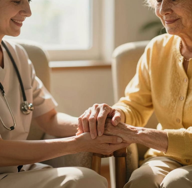 Warm editorial photograph, soft natural window light, rich golden tones, shallow depth of field, 35mm lens, a compassionate caregiver (female, 40s, kind smile) gently holding the hand of an elderly woman (80s, serene expression) sitting in a comfortable armchair in a bright, inviting home interior, focus on their hands, background slightly blurred.
