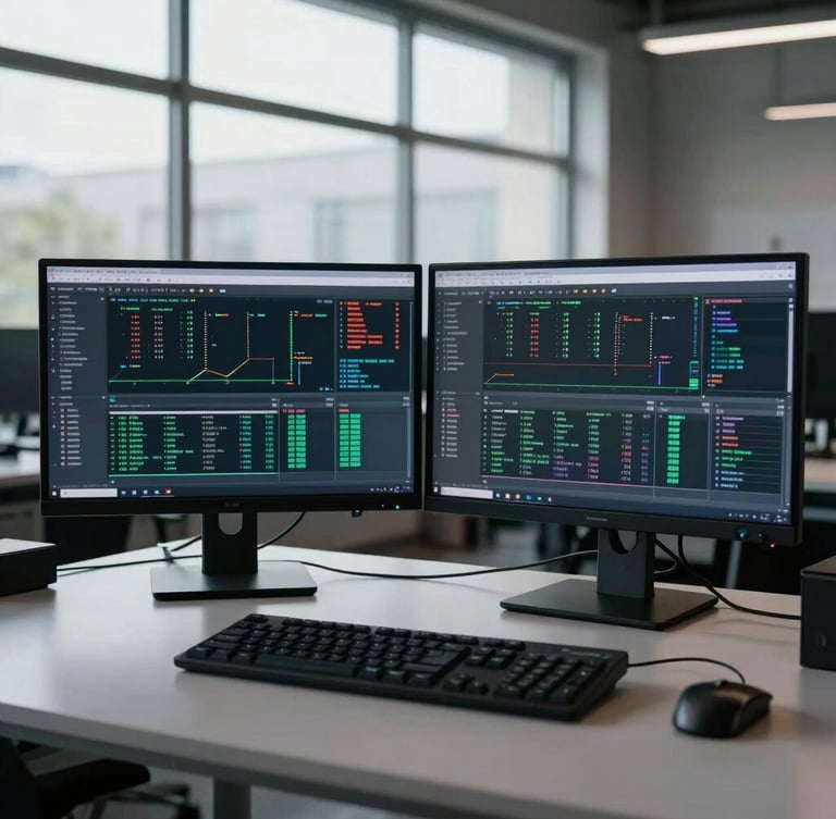 Straight-on, high-contrast photograph of a clean dual-monitor setup in a modern industrial logistics office, showing technical data grids on screen under cool natural window light.