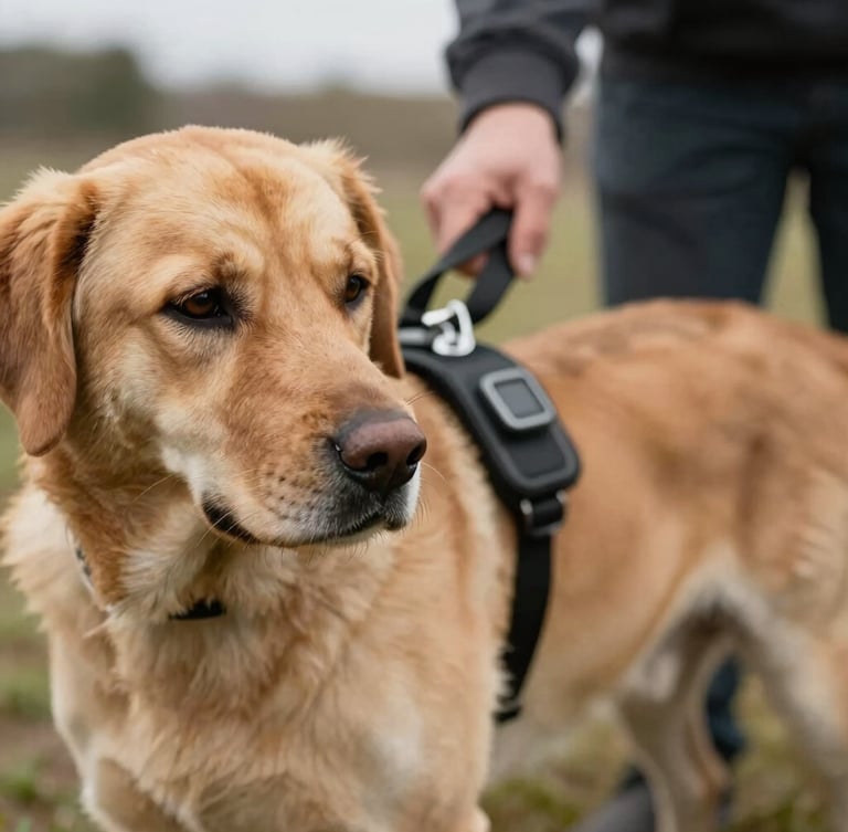 Close-up of a medical alert dog gently pulling a small handle attached to a person's belt, indicating an alert. The dog's focus is on the person, with soft outdoor overcast light, shallow depth of field. Focus on the connection and the specific alert mechanism, rich earthy tones.