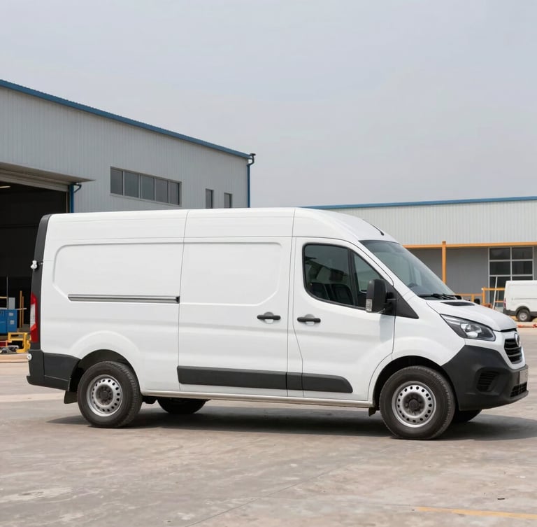 Industrial commercial photography, bright overcast daylight, clean white utility van parked on a modern construction site, side profile showing cargo capacity, 35mm lens
