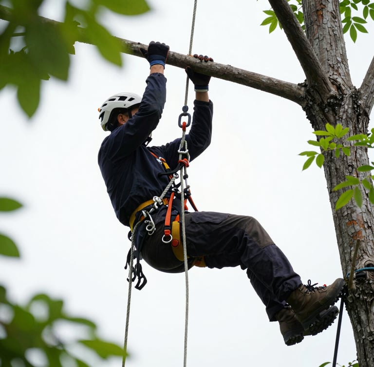 Professional arborist suspended in high canopy cutting a branch with surgical precision, ropes and harness visible, daylight, close-up details