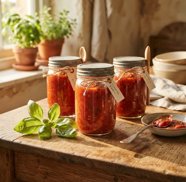 Rustic glass jars of tomato and basil pasta sauce on a wooden table, warm afternoon sunlight streaming in, fresh basil leaves nearby, shallow depth of field, 35mm
