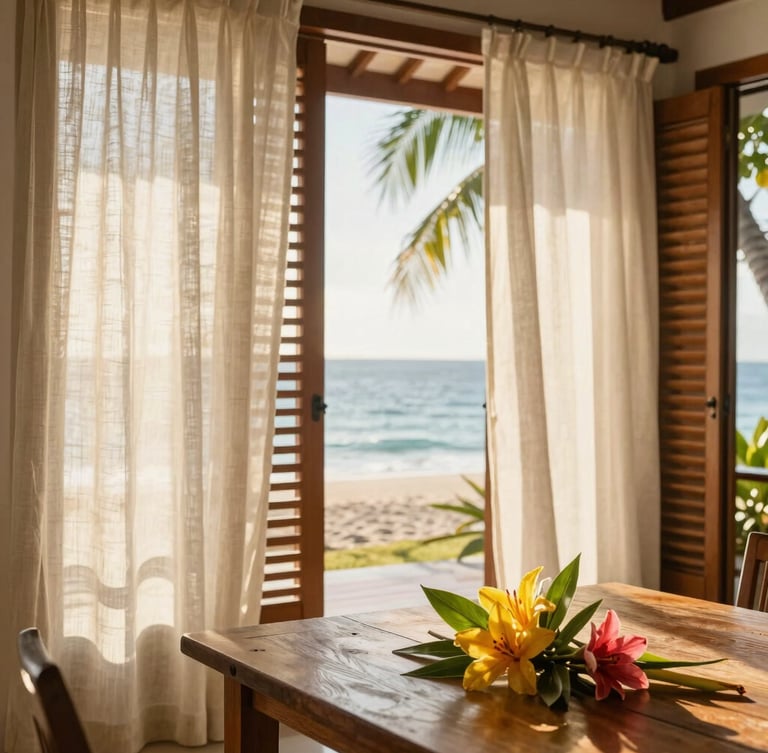 Bright, airy Mauritian villa interior showing a wooden table with fresh tropical flowers, soft linen curtains catching a gentle sea breeze, golden daylight filtering through wooden shutters, warm coastal editorial.