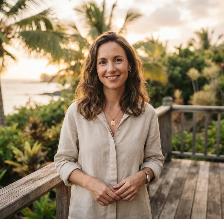 A warm, natural portrait of a professional woman in her late 30s, smiling gently, standing on a sun-drenched wooden veranda in Mauritius, tropical palm leaves softly blurred in the background, golden hour daylight, coastal editorial style.
