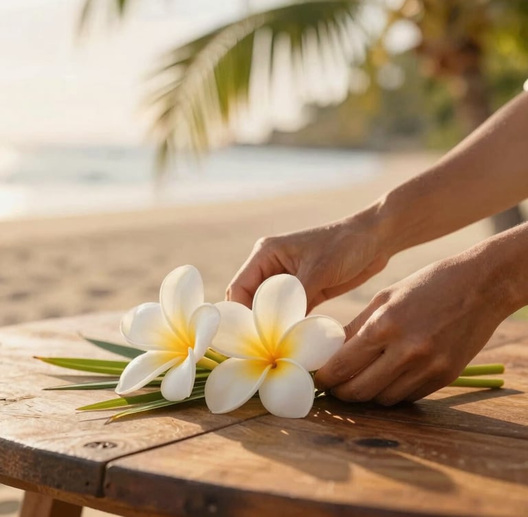 Close-up of hands placing fresh tropical flowers on a natural wooden table, warm Mauritian sunlight, soft focus background.