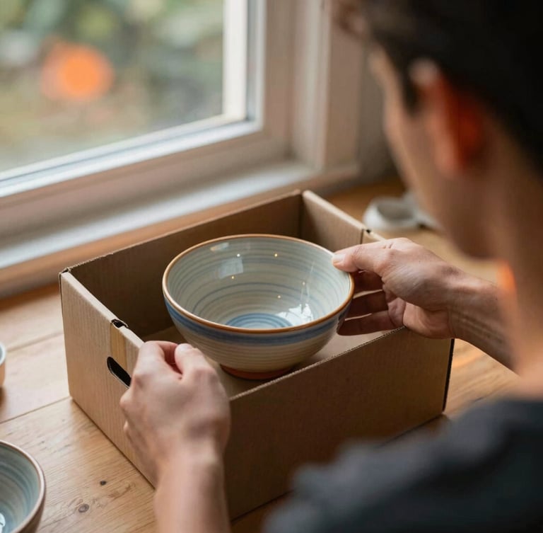 An over-the-shoulder shot of an artisan packing a beautiful handmade ceramic bowl into a shipping box, warm natural window light, sunset orange accent details, shallow depth of field, 35mm film style
