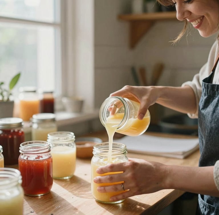 A woman with a warm smile pouring liquid wax into glass jars in a bright, organized home workshop, natural window light illuminating her hands, shallow depth of field.