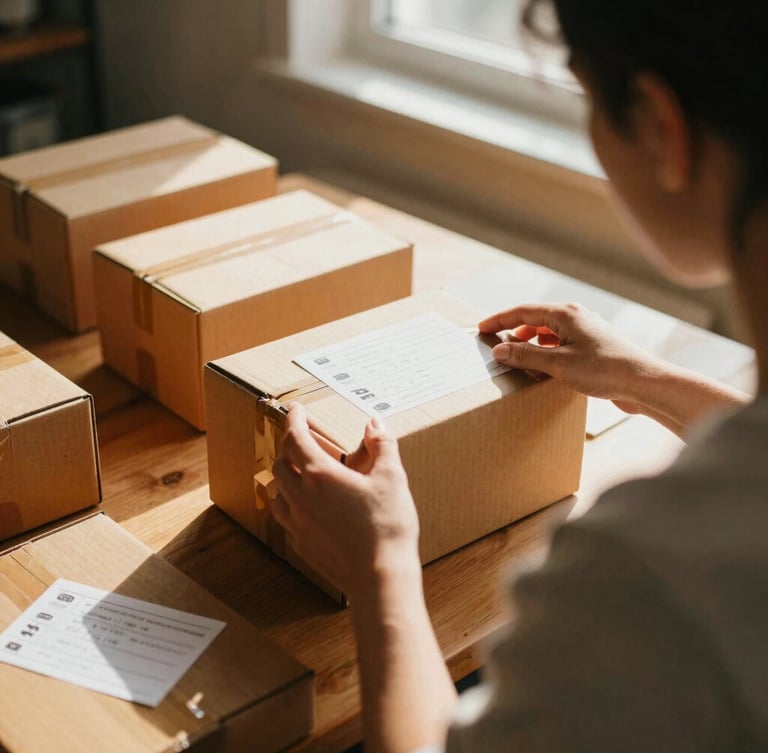 An over-the-shoulder shot of an artisan organizing shipping boxes with printed labels in a cozy home workspace, soft domestic shadows, warm natural light