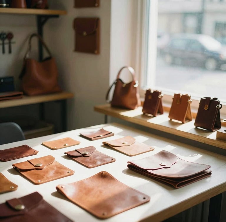 A small business owner photographing handmade leather goods near a bright window studio, natural domestic shadows, warm tones, shallow depth of field