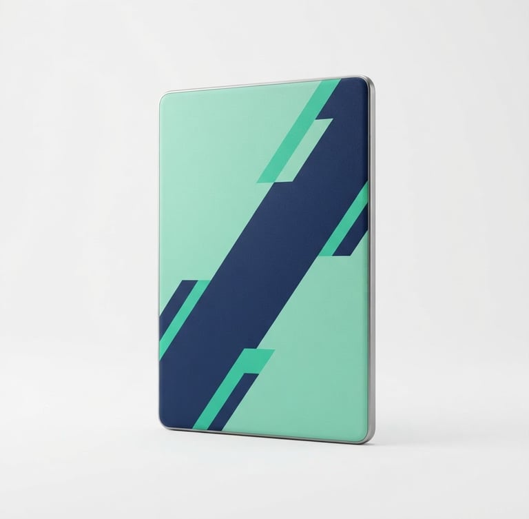 High-fidelity 3D digital mockup of the Finanças Descomplicadas e-book, clean studio lighting, vibrant mint green and deep navy accents, minimalist white backdrop