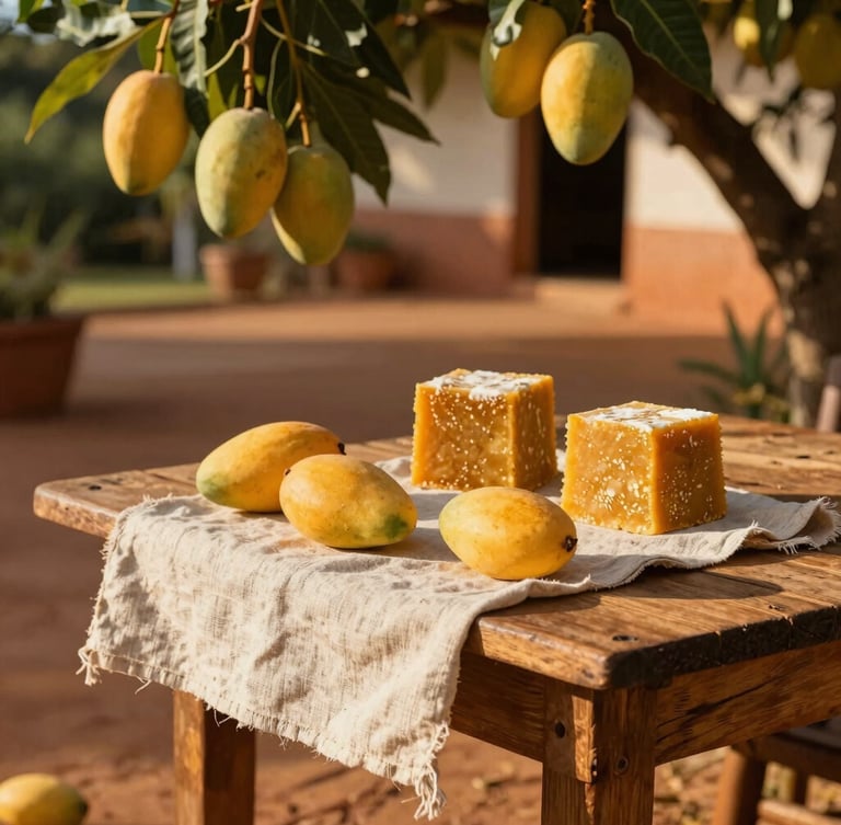 A rustic wooden table set outdoors in a rural Brazilian yard under a mango tree, raw linen cloth, fresh yellow mangoes, and blocks of artisanal taiada, warm golden sunlight.
