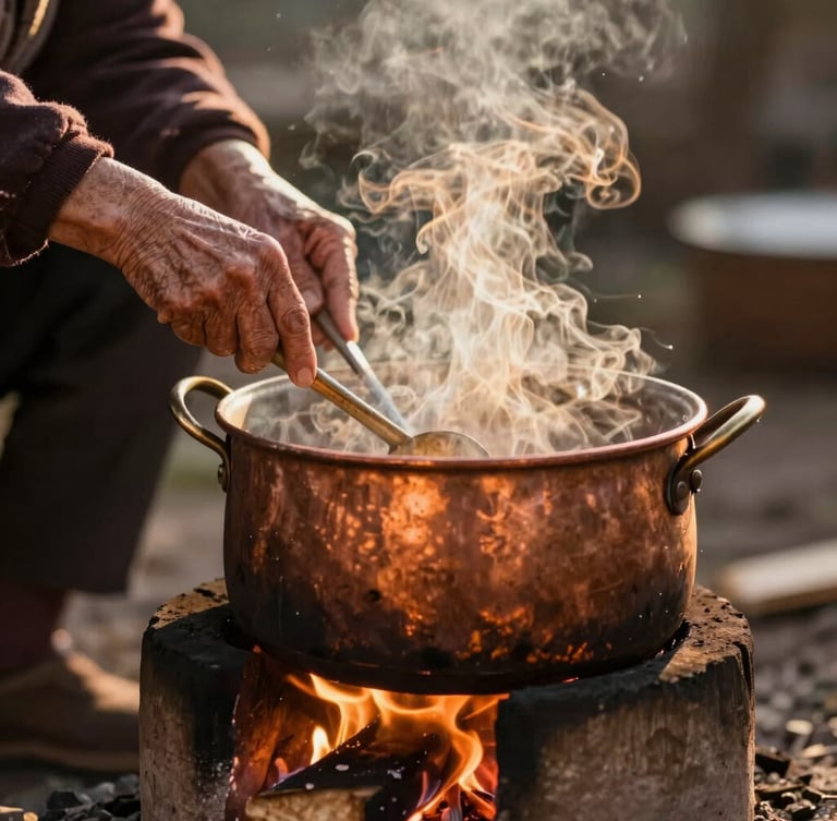 An elderly woman with warm, wrinkled hands stirring a large copper pot over an open wood fire, golden hour light filtering through smoke