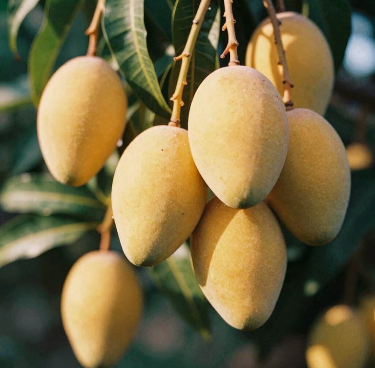 Close-up of golden ripe mangoes hanging from a branch, warm low-angle afternoon sunlight filtering through green leaves, shallow depth of field, 35mm film.