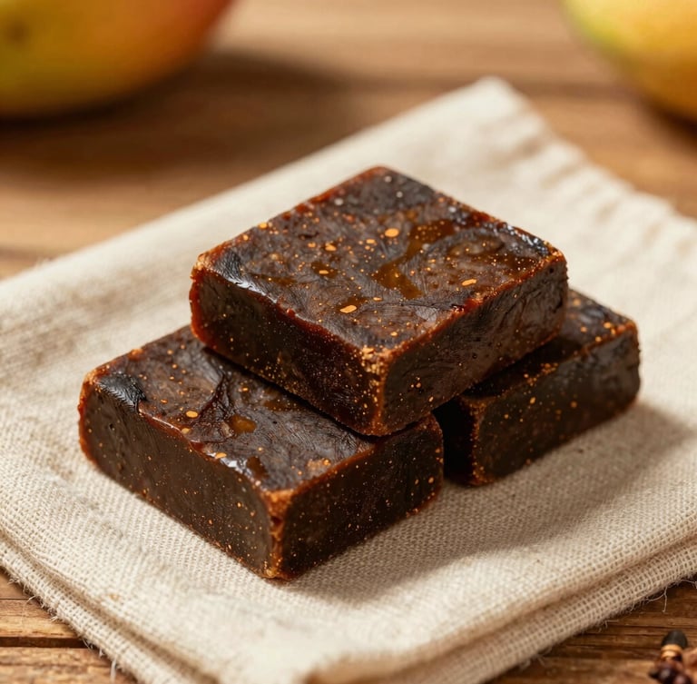 Glistening dark brown artisanal taiada blocks resting on raw linen fabric, warm golden-hour light, rustic wooden table background, shallow depth of field.