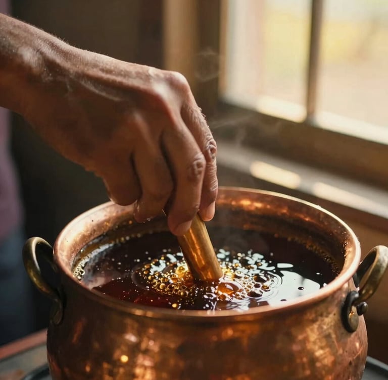 Close-up of weathered hands slowly stirring bubbling dark molasses in a traditional copper pot, warm golden hour sunlight filtering through rustic window, shallow depth of field, 35mm film.