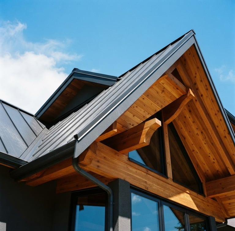 Low-angle architectural photography of a sharp slate-gray roofline with crisp metal flashing, bright natural daylight casting high-contrast shadows, warm wood rafters visible against a clear Canadian sky, 35mm lens, sharp focus.
