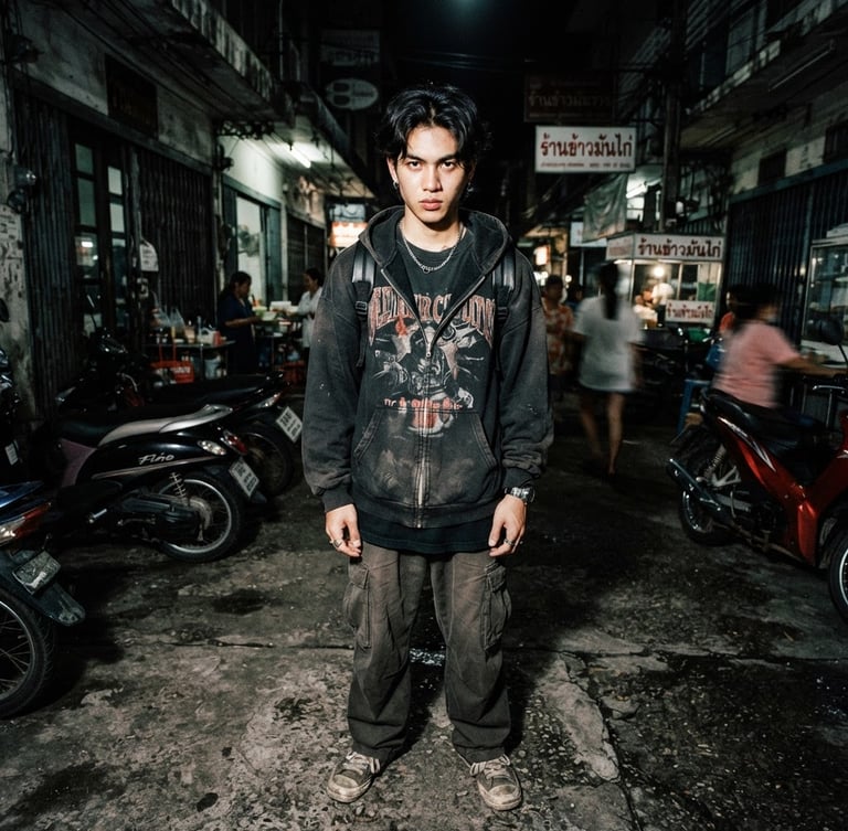 Gritty, low-angle portrait of Thai youth in Songkhla, wearing oversized streetwear, harsh direct flash, high contrast, desaturated urban tones, raw grain, 35mm film, urban street environment, deep shadows.