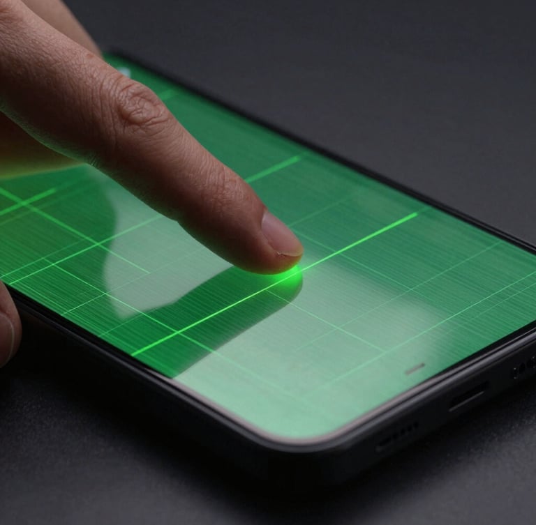 Extreme close-up of a premium matte-black Android phone screen in a dark studio, displaying a minimalist green cyber-grid interface, dramatic neon green screen-glow reflecting onto a finger hovering over the glass.
