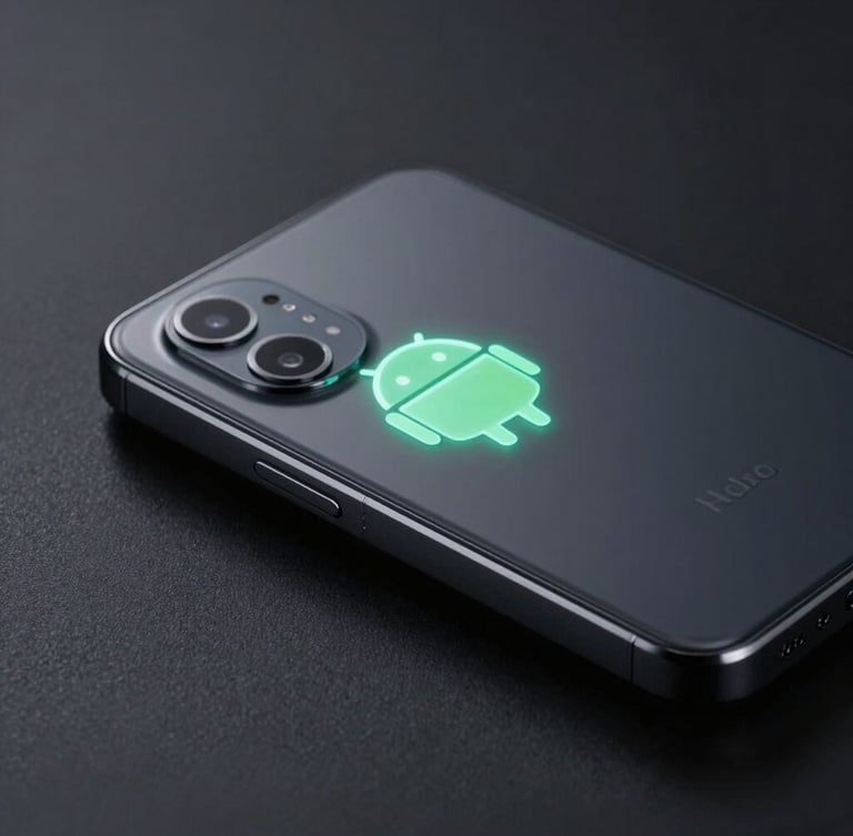 Extreme close-up angled isometric render of a premium dark-charcoal Android device, neon mint UI elements glowing softly onto a matte black surface, low-key studio lighting.