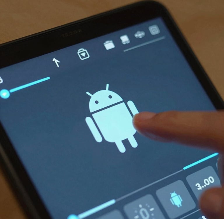 Extreme close-up of a modern Android device screen glowing with a minimalist vector game UI, cyber blue accents, finger hovering.