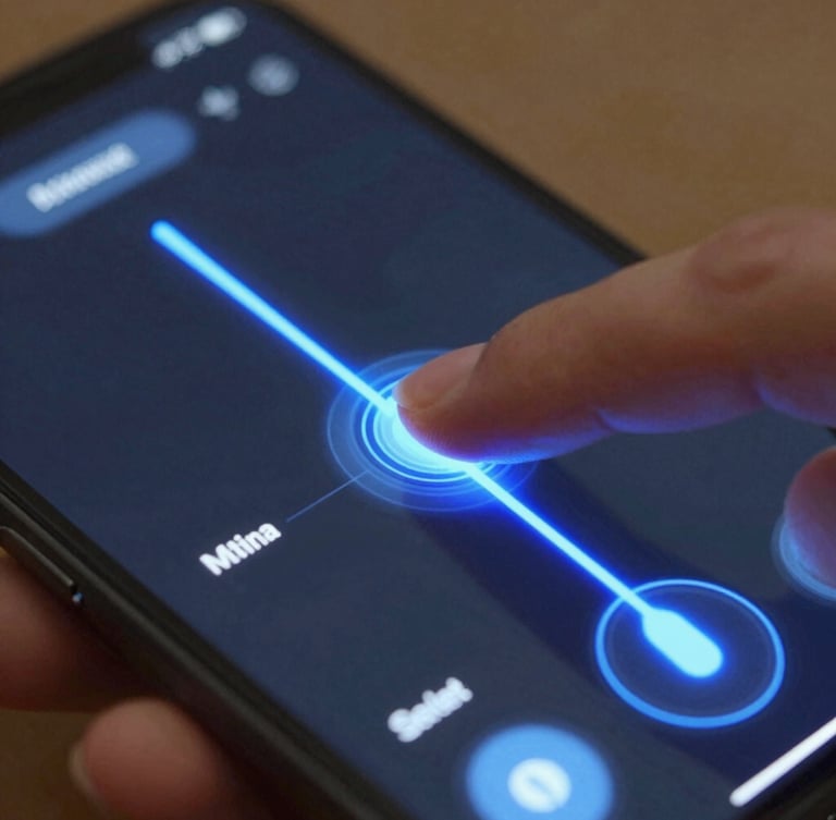 Macro shot of a thumb interacting with a dark OLED smartphone screen, showcasing a custom slider control with a vibrant cyber blue glow, sharp geometric UI lines