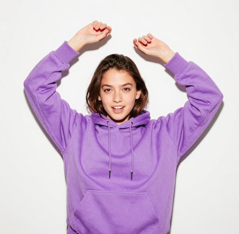 A Gen Z girl in a high-energy candid pose, wearing a vibrant electric lavender hoodie, direct flash, high contrast, 35mm lens, standing against a clean white wall.