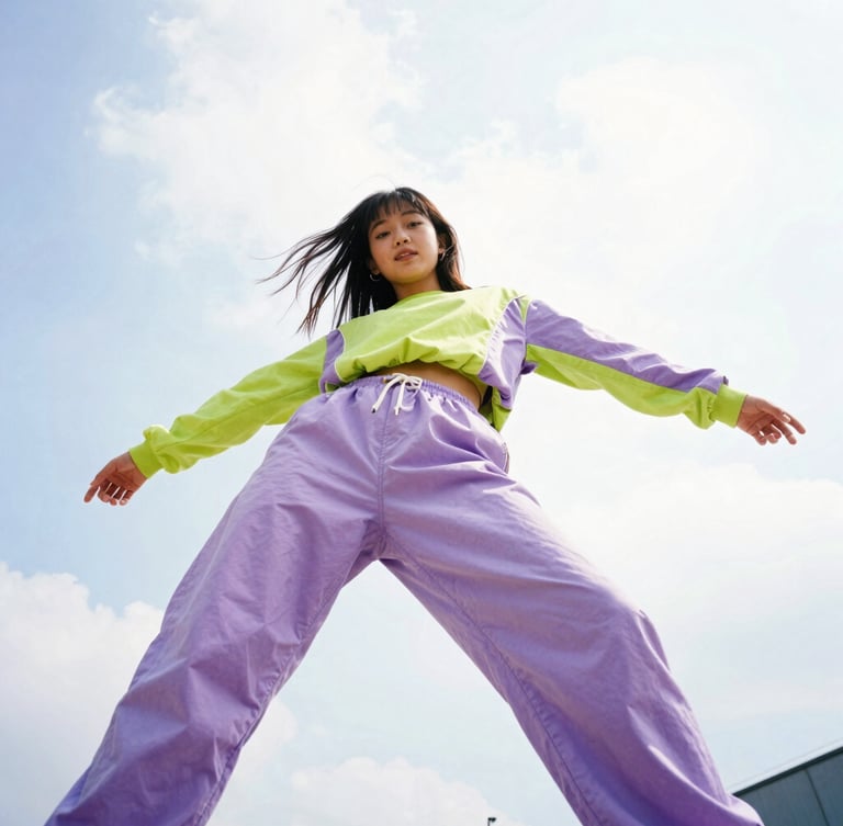 Dynamic low-angle wide-angle 35mm shot of a Gen Z girl in a high-energy pose, wearing electric lavender and digital lime streetwear, bright daylight with high contrast, candid disposable-camera energy.