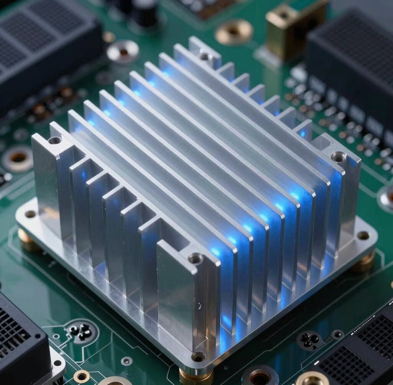 Orthographic overhead shot of a heavy-duty aluminum heat sink mounted on a power board, clinical blue LED highlights, high contrast.