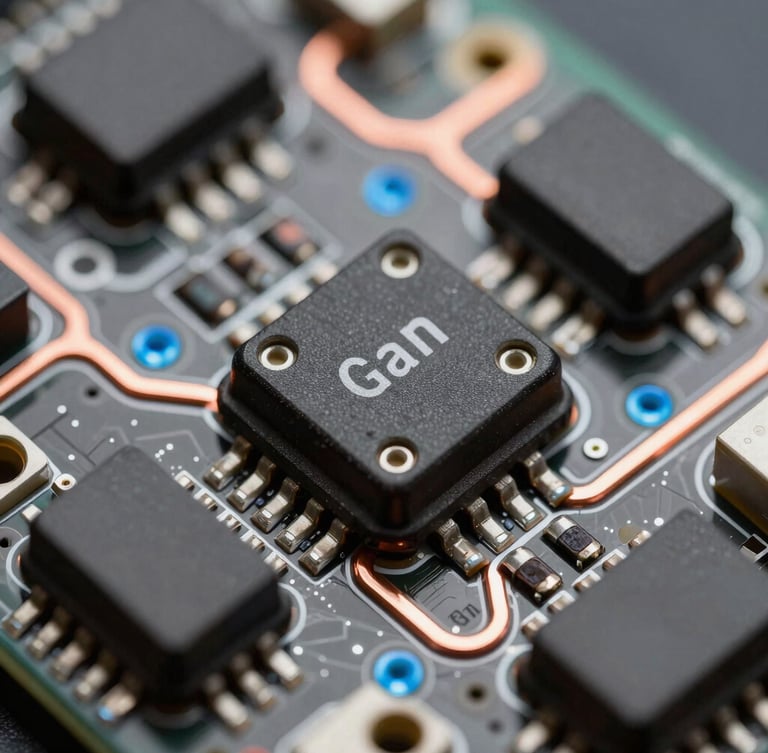 Extreme macro overhead shot of a custom PCB layout showing clean solder joints on GaN transistors, copper busbars, and clinical blue LED indicator highlights.