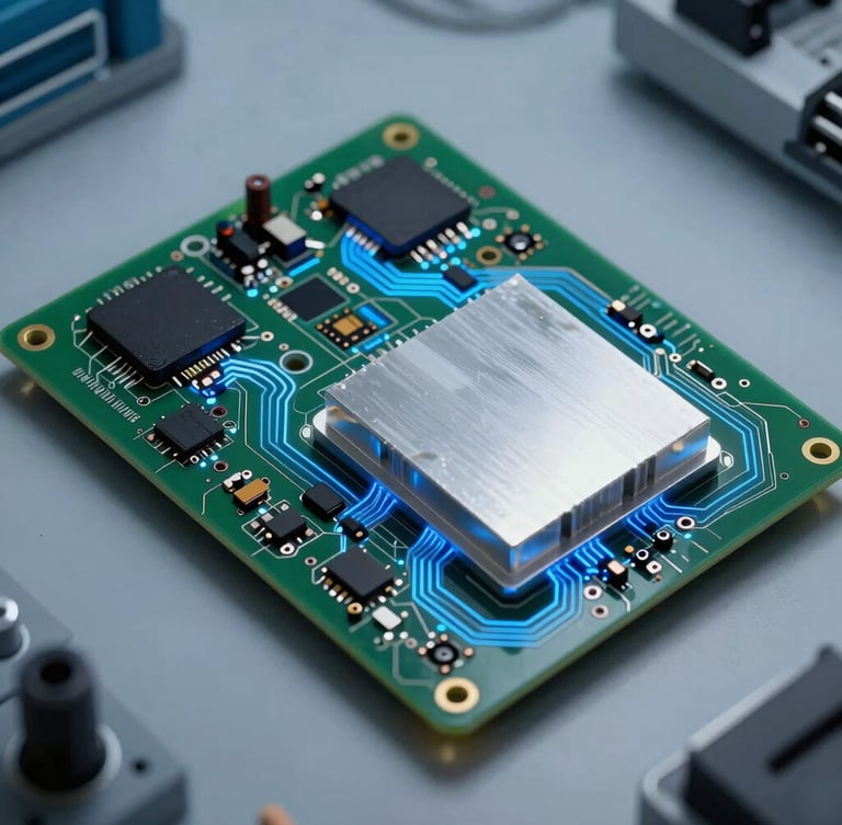 Orthographic overhead technical blueprint view of a high-power PCB layout, glowing blue trace lines, massive aluminum heat sink, clinical laboratory lighting.
