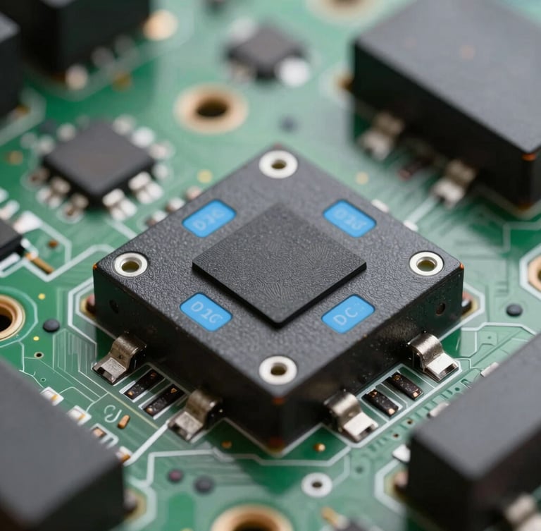 Orthographic macro shot of high-density DC-DC converter PCB layout, clean solder joints, visible SiC chips, cool clinical blue indicators.