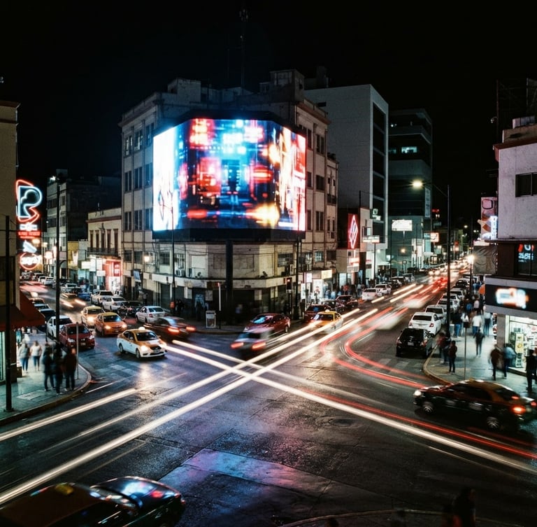 Dramatic night shot of a massive glowing digital screen at a bustling Mexicali intersection, neon light trails from passing cars, high-contrast urban photography, 35mm