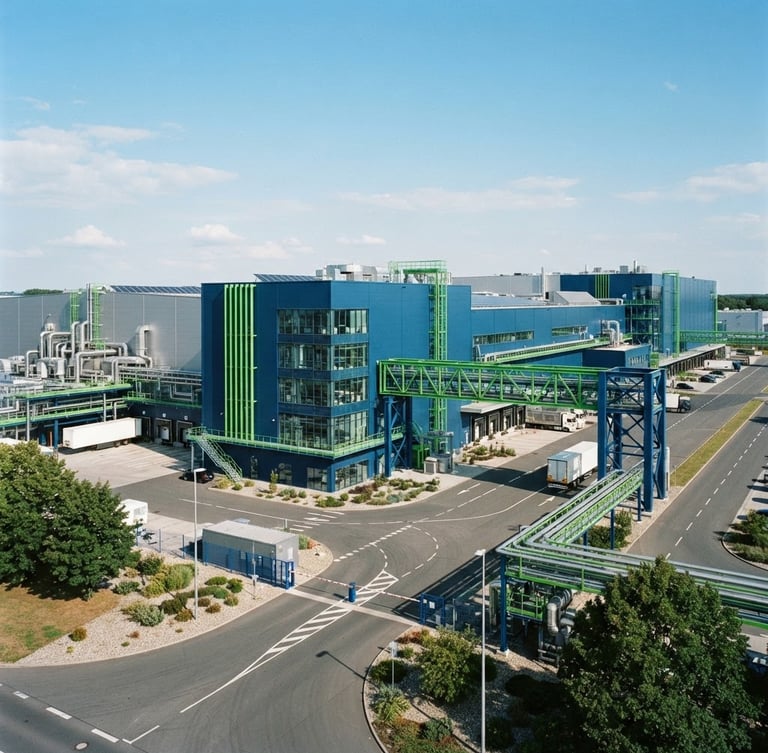 Architectural wide angle of a modern industrial facility, crisp daylight, corporate blue steel structures, 35mm photography