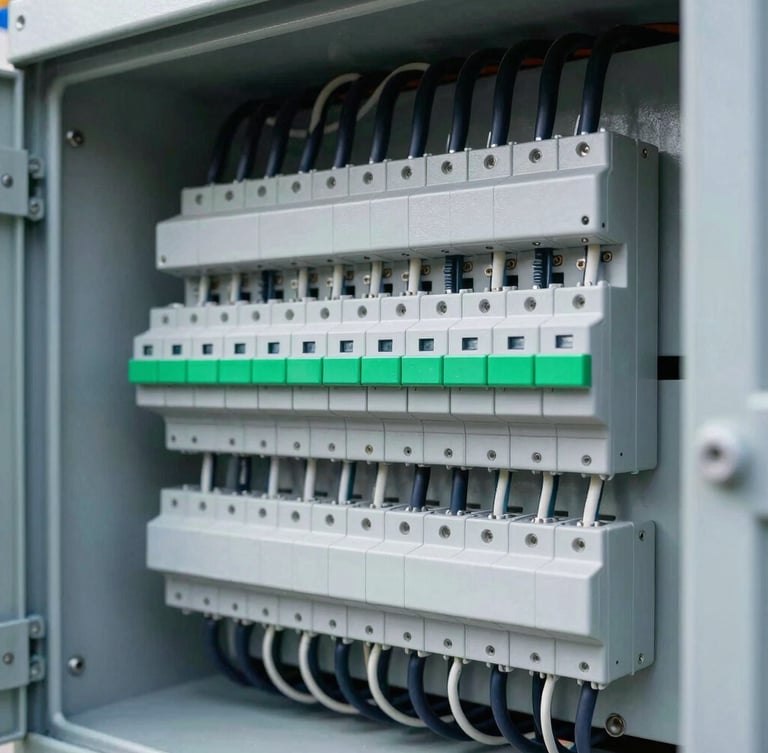 Macro detail of a clean industrial electrical panel, neatly organized wires, professional engineering setup, sharp focus, cool daylight