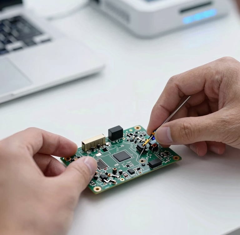 Macro shot of hands repairing a laptop motherboard on a clean workbench under cool white studio lighting with subtle blue LED highlights.