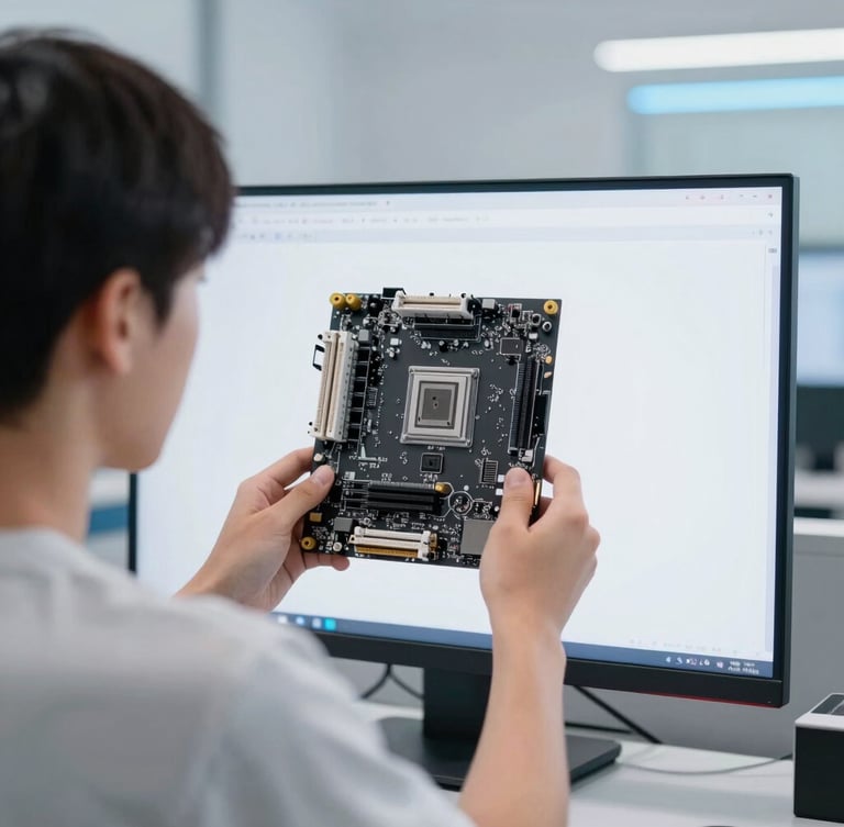 Over-the-shoulder shot of a student analyzing a motherboard layout on a screen, cool white studio light, subtle blue ambient accents, 50mm