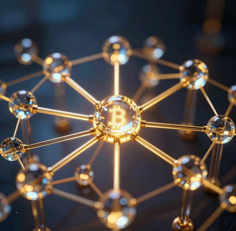 Abstract glowing 3D glass nodes connected by golden light filaments, representing secure multi-signature blockchain architecture, dark background with blue ambient glow, cinematic rendering
