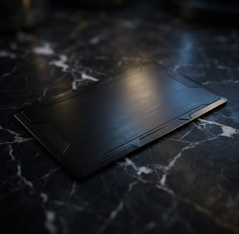 Macro close-up of a premium black metal card resting on dark marble, subtle gold and blue ambient light leaks reflecting off the metallic surface, cinematic 3D render