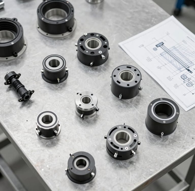 Overhead flat-lay of custom mechanical product components on a clean steel worktable, bright neutral daylight, sharp focus, technical blueprints visible on the side.