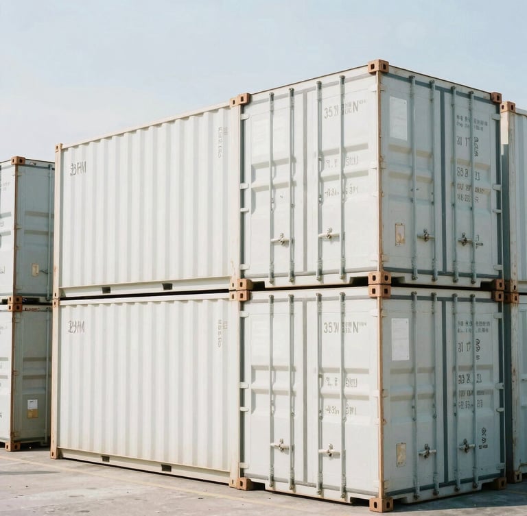 A crisp 35mm photograph of clean, organized shipping containers stacked at a bright neutral daylight logistics terminal, sharp focus