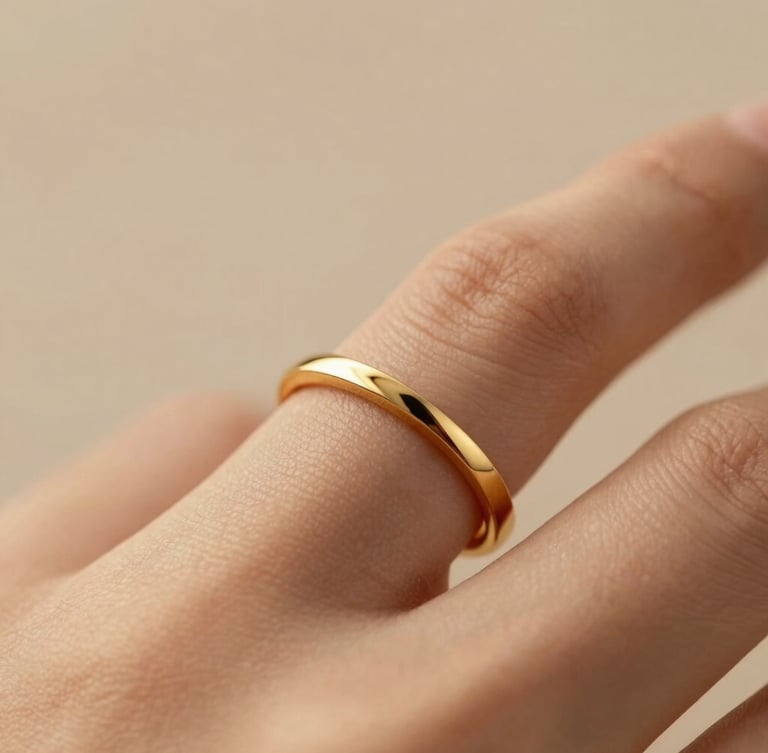 Macro shot of a delicate gold ring on a woman's finger, soft golden-hour side lighting, warm champagne tones, shallow depth of field