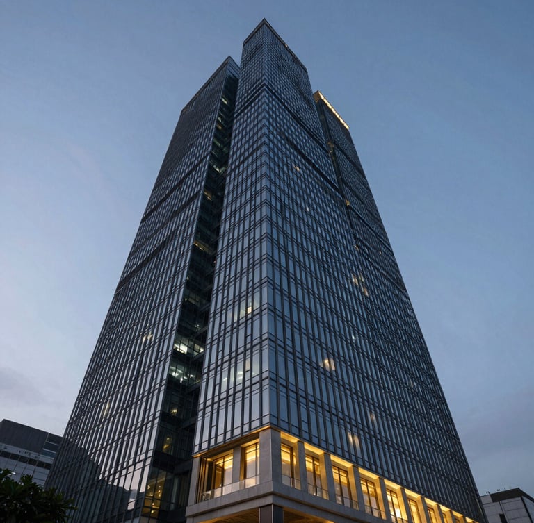 Wide-angle architectural shot of a modern high-rise glass building in Jakarta during the blue hour, highlighting sharp structural lines and structural lighting.