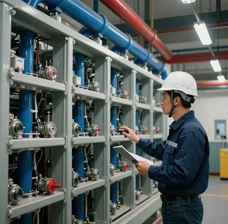 A professional engineer in a white hardhat inspecting a complex modern HVAC chiller system with neatly routed blue and red pipes, industrial architectural lighting