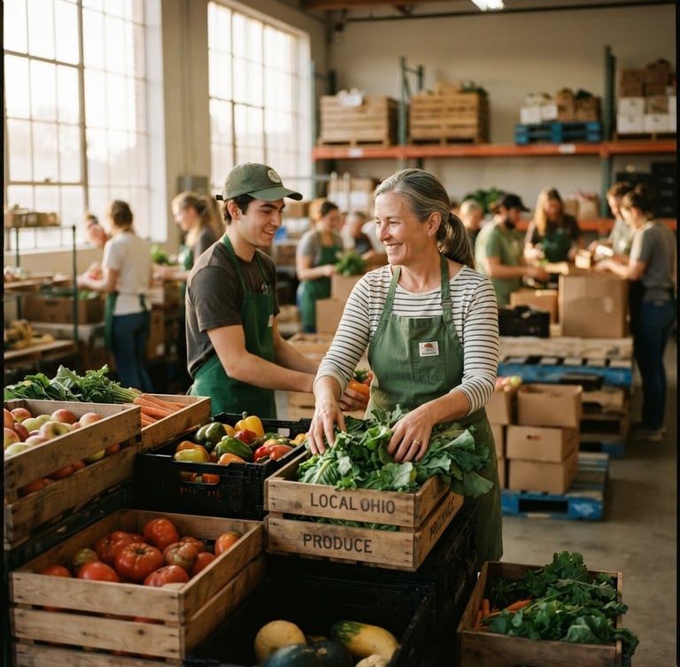 Warm daylight-lit interior of an Ohio community warehouse, volunteers in green aprons organizing crates of fresh local produce, candid and authentic.