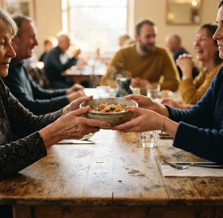 Candid shot of hands passing a warm bowl of vegetable soup across a rustic wooden table in a sunlit community center, shallow depth of field, warm editorial style.