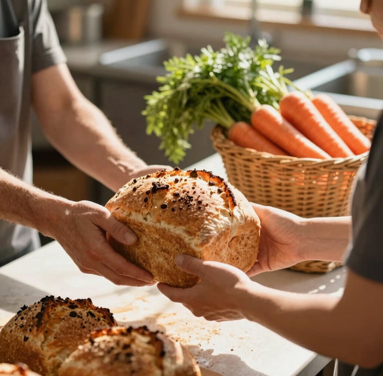 Hands of a volunteer passing a warm, freshly baked loaf of bread and a basket of carrots to another person in a sunlit community kitchen